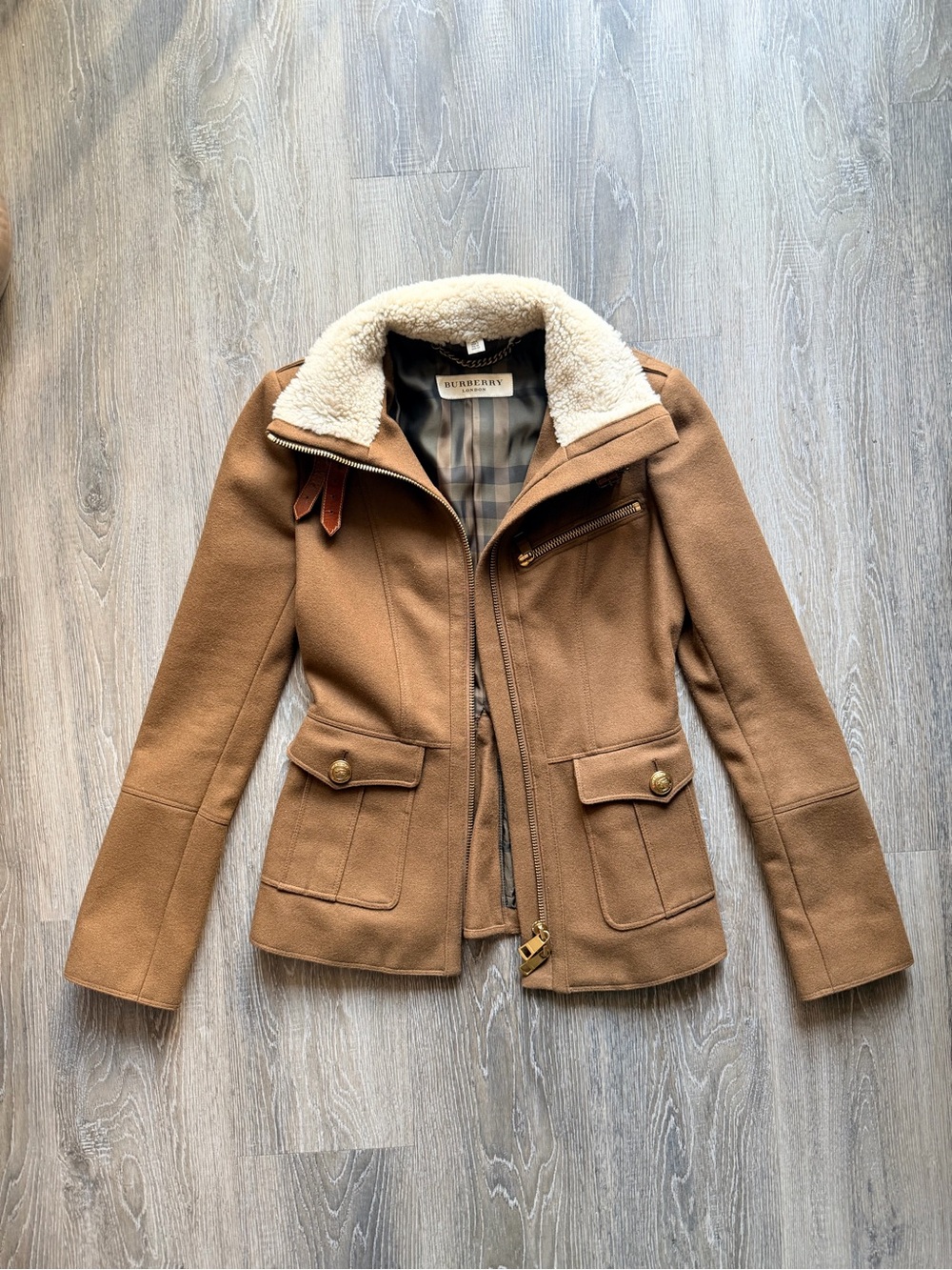 Burberry London Wool Cashmere Shearling Collar Moto Jacket Camel Tan US 2